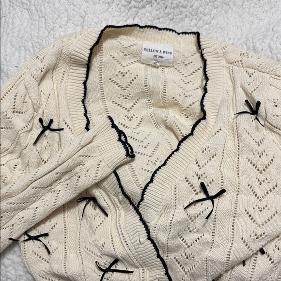 Willow & Wind Sweaters - Willow & Wind Cream Openwork Cardigan with Black Trim